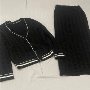 SHEIN Black Cable Knit Cardigan and Skirt Set with White Trim
